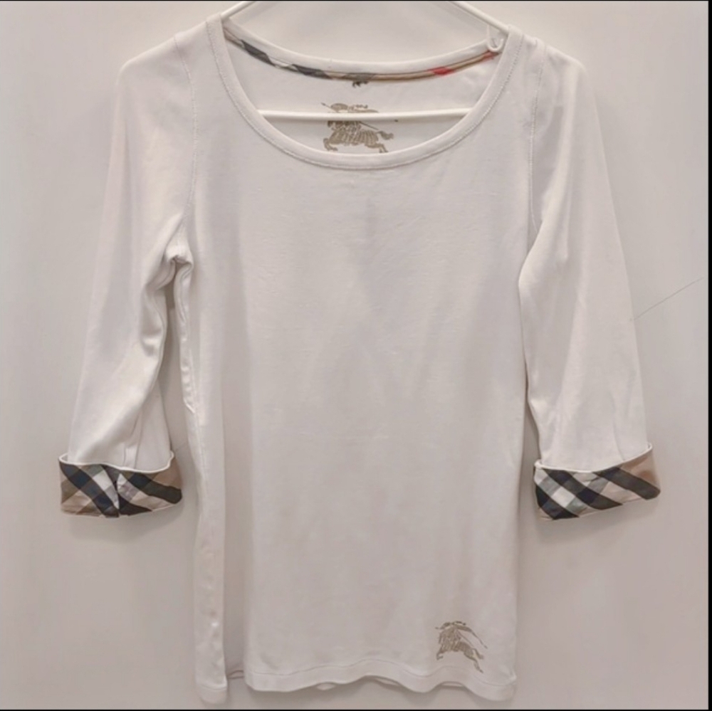 Burberry White Top with Plaid Cuffs M - Picture 3 of 11